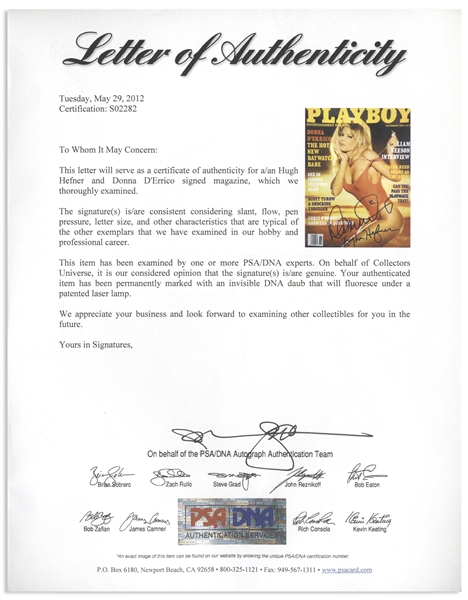 Hugh Hefner Signed ''Playboy'' Magazine -- Also Signed by Playmate and Baywatch Star Donna D'Errico -- With PSA/DNA COA